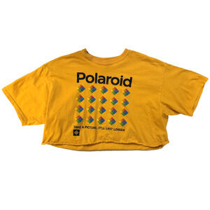 Polaroid Shirt Womens Large Mustard Yellow Graphic Cropped Raw Hem Slogan Tee